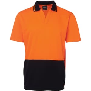 An orange and black polo shirt with a collar and a branding logo. Ideal for workwear.