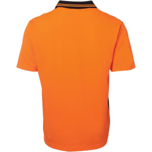 An orange polo shirt with a black collar and side accents, featuring a logo on the front.