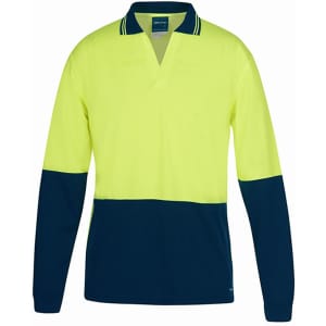 A long-sleeved polo shirt in lime and navy, featuring a collar and contrasting colour blocks. Includes a logo.