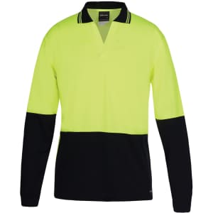 A long-sleeve polo shirt in lime and navy with a collar and a logo. Ideal for workwear.