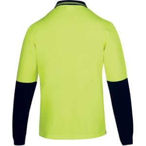 A long-sleeved polo shirt in lime green with navy blue sleeves, featuring a logo on the front.