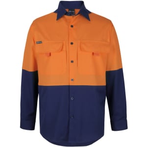 A long-sleeved fishing shirt in orange and navy blue, featuring two chest pockets and a logo.