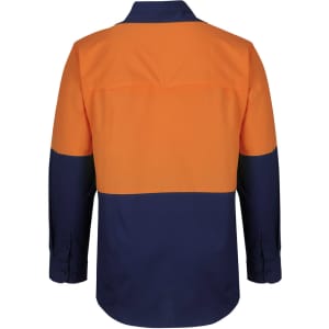 A long-sleeve ripstop fishing shirt featuring orange and navy colours, with a logo on the back.