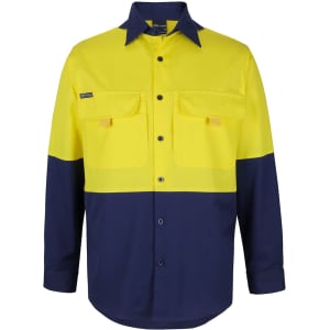 A long-sleeved, ripstop fishing shirt in high-visibility yellow and navy blue, featuring two front pockets and a logo.