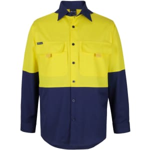 A long-sleeve fishing shirt in high visibility yellow and navy blue, featuring two chest pockets and a logo.