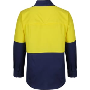 A long-sleeved fishing shirt in yellow and navy with a back design and a visible logo.