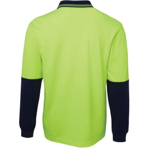 A long-sleeved polo shirt in bright yellow-green with navy blue sleeves and a logo on the chest.