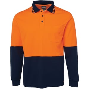 An orange and navy long-sleeve cotton polo shirt with a chest pocket and a logo.