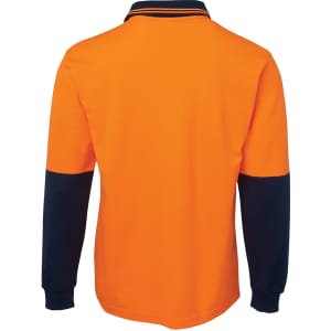 An orange long-sleeve polo shirt featuring dark blue sleeves and a collar. It has a logo on the front.