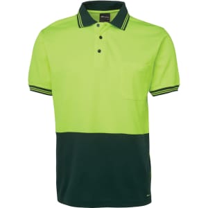 A high-visibility polo shirt featuring a bright yellow-green upper half and a dark green lower half, with a logo.