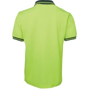 A bright green polo shirt with a contrasting collar, featuring a logo on the back.