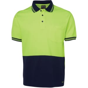 A polo shirt featuring a bright yellow-green upper section and a navy blue lower section, with a pocket and a logo.