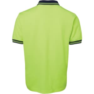 A bright green polo shirt with a navy collar and striped detailing. The shirt has a branding logo.