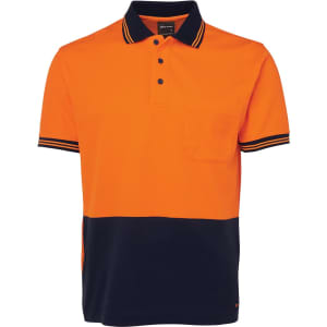 An orange and navy polo shirt with a pocket and a logo. Features contrasting stripes on the collar and sleeves.