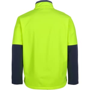 A high-visibility softshell jacket featuring a neon yellow body and navy blue sleeves, with a collar and a logo.