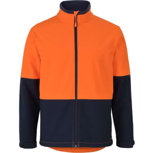 A three-layer softshell jacket in orange and navy, featuring a zip front and a logo.