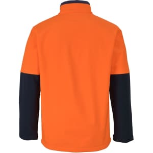 An orange and navy three-layer softshell jacket featuring a collar and long sleeves, with a logo on the back.