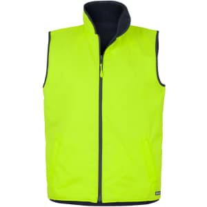 A high-visibility vest featuring a reversible design, in bright yellow with a navy interior. It has a front zip and pockets.