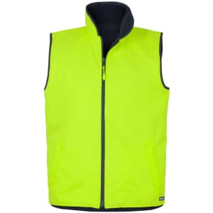 A bright yellow reversible vest with a black interior and two front pockets. It has a zipper closure and a high collar.