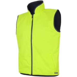 A reversible vest in high-visibility yellow, featuring a zip front and side pockets, with a contrasting black lining.