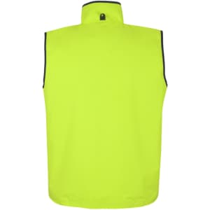 A reversible vest in bright yellow with a black trim and a high collar. Features a logo on the back.