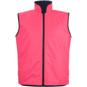 A reversible vest in bright pink with a high collar and a front zipper, featuring a brand logo.