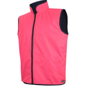 A reversible vest in bright pink with a zip closure and side pockets, featuring a logo on the hem.