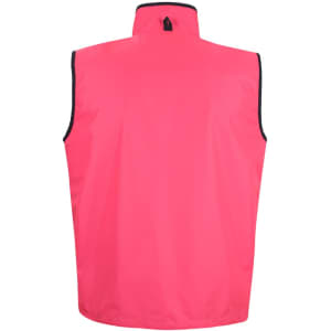 A reversible vest in bright pink with black trim, featuring a high collar and a logo.