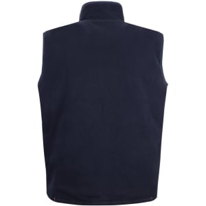 A navy reversible vest featuring a high collar and a logo on the back.