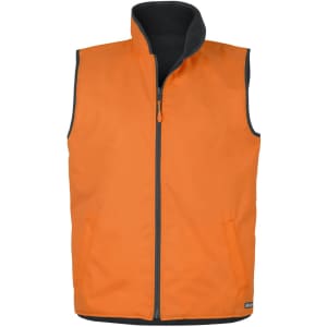 An orange reversible vest with a black interior, featuring a zip front and side pockets. It has a logo.
