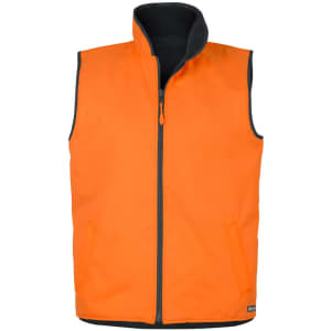 An orange reversible vest with a black interior, featuring a front zip and side pockets. It has a logo on it.