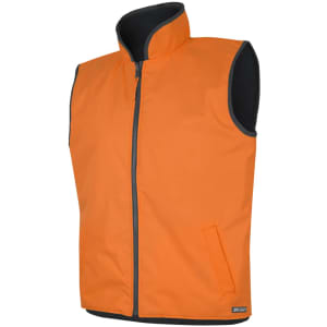 An orange reversible vest featuring a high collar, zip closure, and pockets, with a black lining.