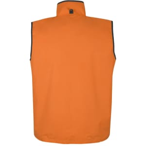 An orange reversible vest with a high collar and a branding logo on the back.