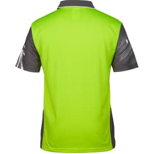 A vibrant green and grey polo shirt featuring a logo, designed for workwear use.