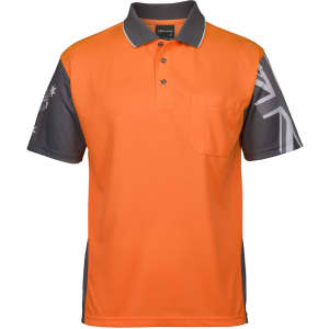 An orange and grey polo shirt with a pocket and a logo on the sleeve. Suitable for workwear.