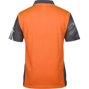 An orange and grey polo shirt featuring a logo on the front, designed for workwear.