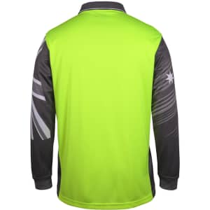 A long-sleeved polo shirt in bright green with dark grey accents and a logo.