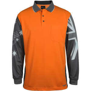 An orange polo shirt with long grey sleeves featuring a design and a chest pocket. It includes a logo.