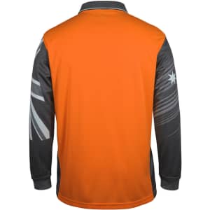 An orange and black long-sleeve polo shirt featuring a design with a logo.