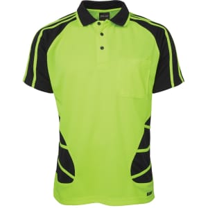 A bright lime green and black work polo shirt featuring a chest pocket and contrasting side panels.