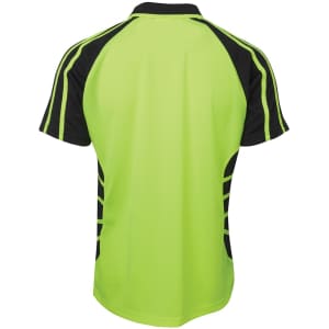 A bright green and black polo shirt with a sporty design and logo on the back.
