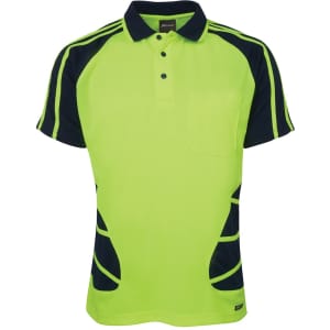 A short-sleeved polo shirt in hi-vis yellow and navy, featuring a pocket and contrasting side stripes.