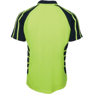 A bright lime green polo shirt with navy blue accents, featuring a logo on the back.