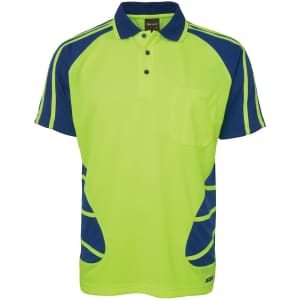 A short-sleeved polo shirt in fluorescent yellow and navy blue, featuring a logo and a pocket on the front.