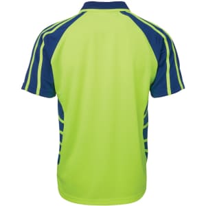 A bright green and navy work polo shirt with short sleeves and a sporty design, featuring a logo.
