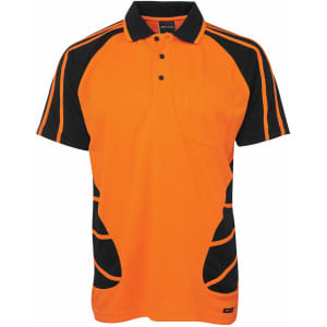 An orange and black polo shirt featuring a pocket and contrasting panels, with a logo on the design.