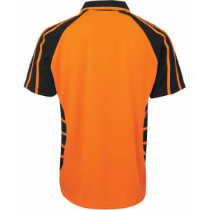 An orange and black polo shirt with a logo, featuring a sporty design and mesh details.