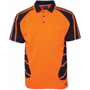 An orange and navy blue short-sleeve polo shirt featuring a chest pocket and a logo.