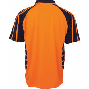 An orange and navy work polo shirt with a sporty design and a logo on the chest.