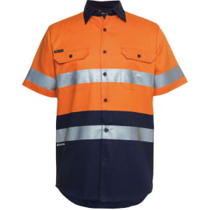 An orange and navy short-sleeve work shirt with reflective stripes and a logo. It features two chest pockets and a collar.